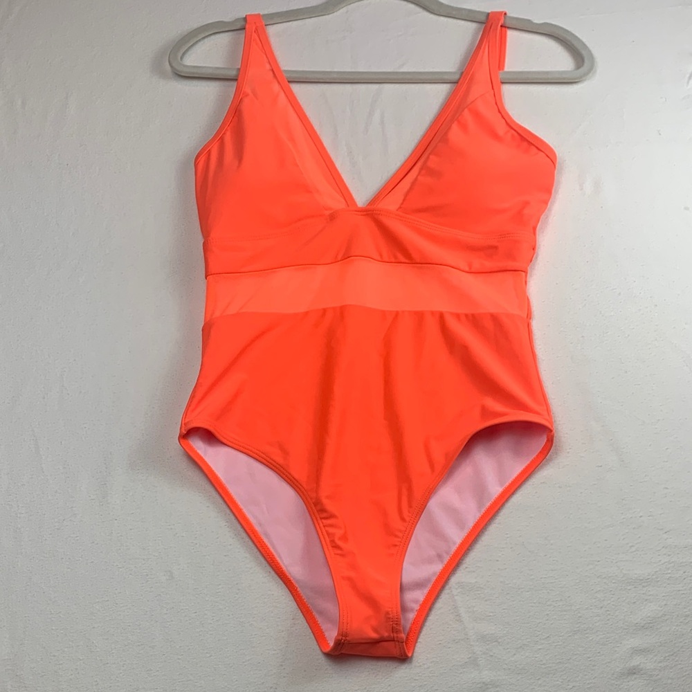 Pink Lily NWOT One Piece Swimsuit Neon Orange Small Mesh Detail at VNeck & Waist